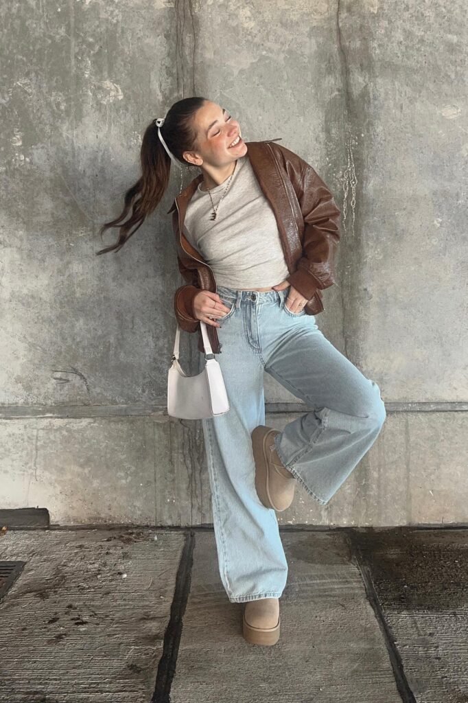 Brown Faux-Leather Bomber Jacket + Grey Slim-Fit Top + Light Wash Baggy Jeans