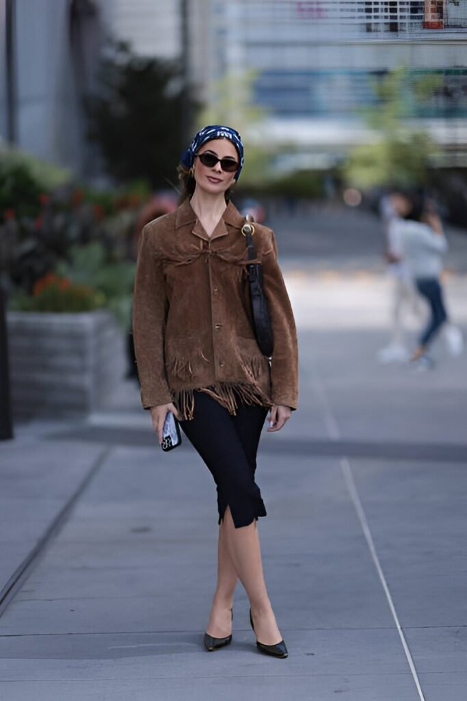 Brown Fringed Suede Jacket + Black Capri Leggings + Black Pointed-Toe Pumps