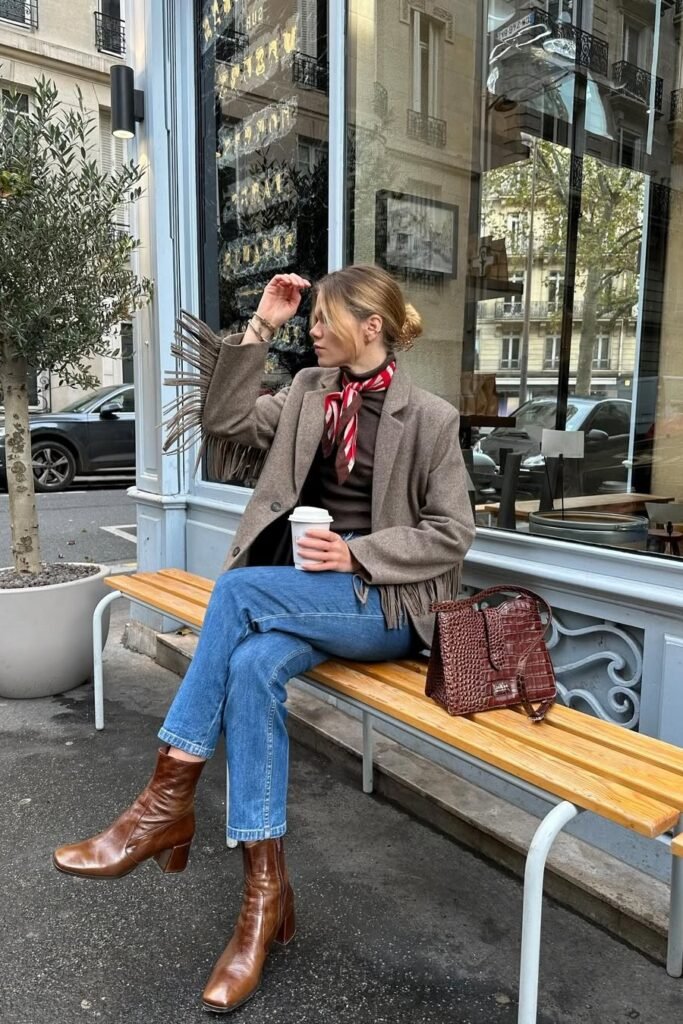Brown Herringbone Blazer + Dark Brown Turtleneck + Medium Wash Straight Jeans + Cognac Leather Boots