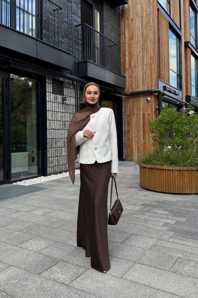 Brown Hijab + White Textured Tweed Jacket + Chocolate Brown Satin Maxi Skirt + White Pointed Heels