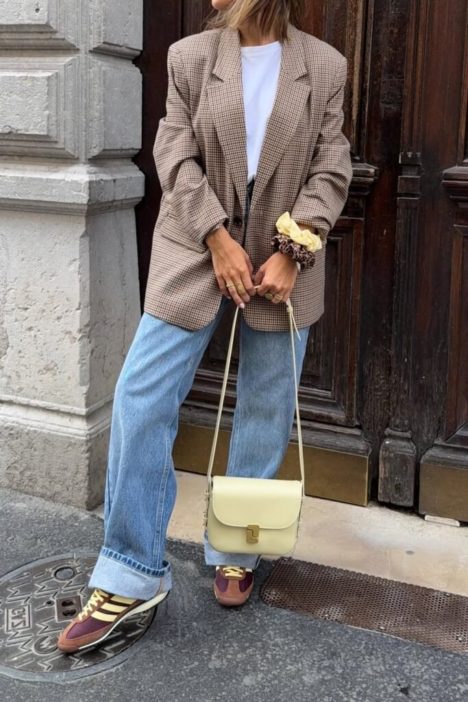 Brown Houndstooth Oversized Blazer + White T-Shirt + Wide-Leg Light Wash Jeans + Brown and Yellow Retro Sneakers