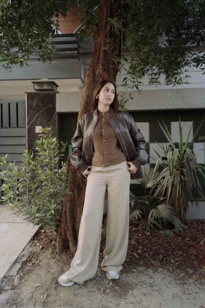 Brown Leather Bomber + Brown Knit Cardigan + Beige Wide-Leg Trousers