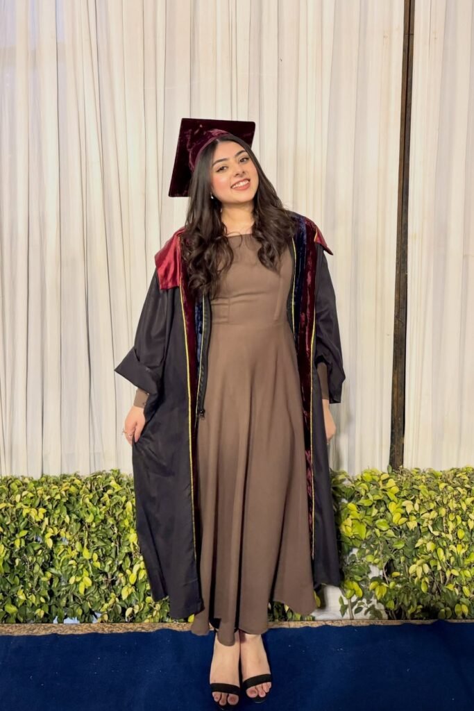 Brown Long-Sleeved Maxi Dress + Black Graduation Gown with Maroon Velvet Trim + Black Strappy Sandals