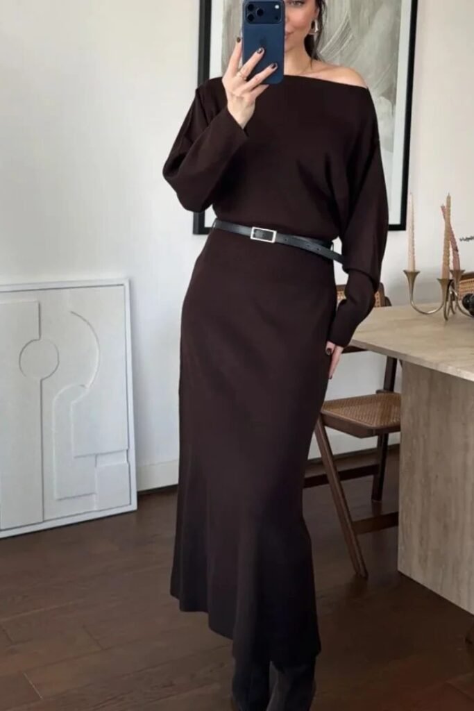 Brown Off-the-Shoulder Knit Dress + Black Skinny Belt + Black Boots