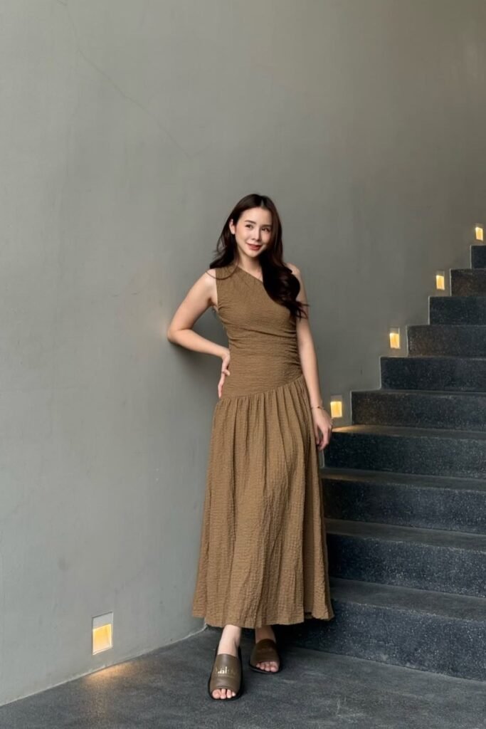 Brown One-Shoulder Textured Maxi Dress + Brown Leather Padded Slide Sandals