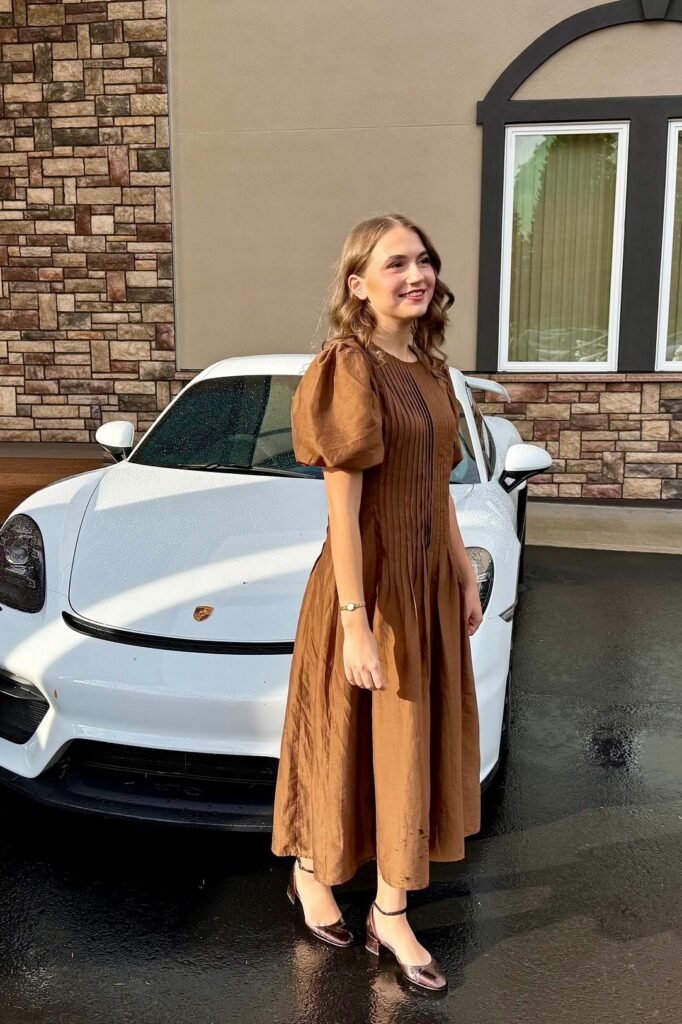 Brown Pleated Puff-Sleeve Midi Dress + Bronze Ankle-Strap Heels