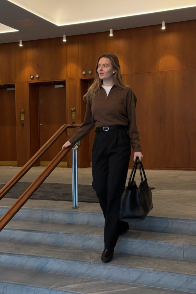 Brown Quarter-Zip Polo Sweater + Black High-Waisted Trousers + Black Leather Belt + Black Loafers