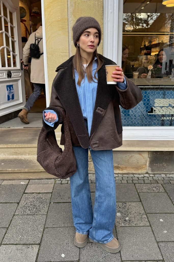 Brown Shearling-Lined Jacket + Blue Striped Button-Down + Blue Wide-Leg Jeans + Tan Platform Boots