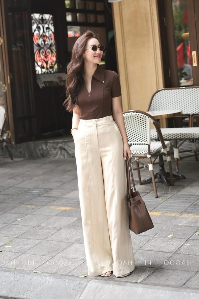 Brown Short-Sleeve Polo Top + Cream High-Waisted Wide-Leg Trousers + White Strappy Sandals