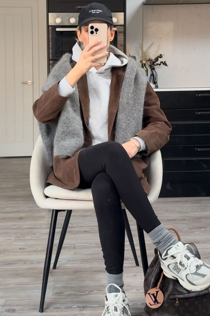 Brown Suede Jacket + Grey Hoodie + Black Leggings + White Sneakers with Grey Crew Socks