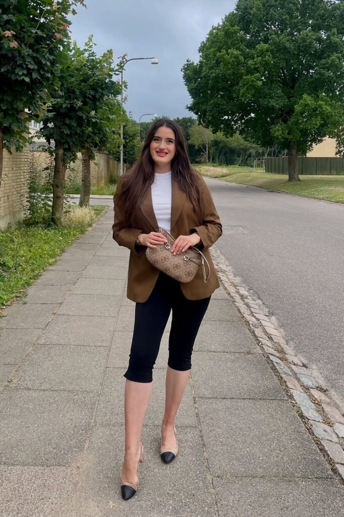 Brown Tailored Blazer + White T-Shirt + Black Capri Leggings + Two-Tone Pointed Flats