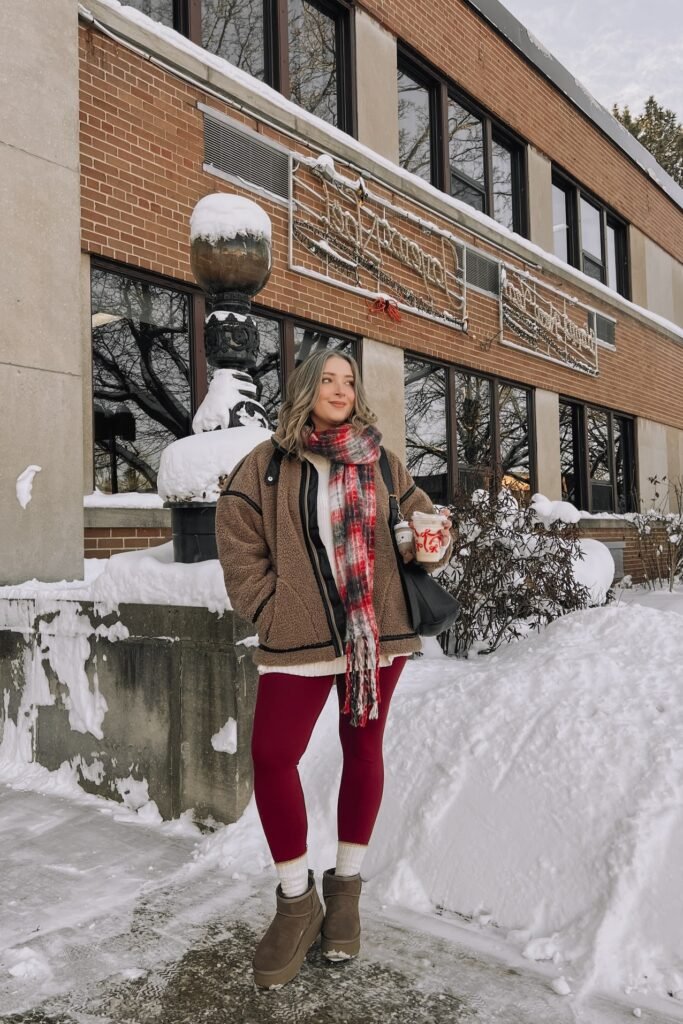 Brown Teddy Fleece Jacket + Cream Knit Sweater + Burgundy Leggings + Chestnut Platform Boots