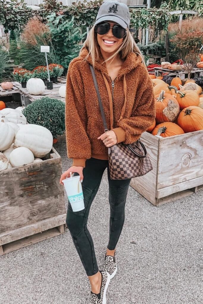 Brown Teddy Zip-Up Hoodie + Black Moto Leggings + Leopard Print Slip-ons