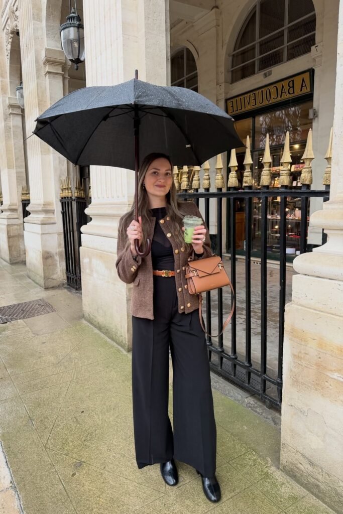 Brown Textured Blazer + Black Mock-Neck Top + Black Wide-Leg Trousers + Black Square-Toe Boots