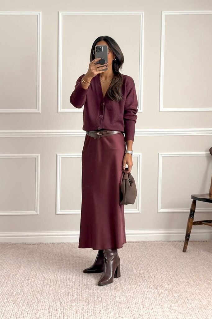 Burgundy Cardigan + Burgundy Satin Midi Skirt + Brown Leather Boots