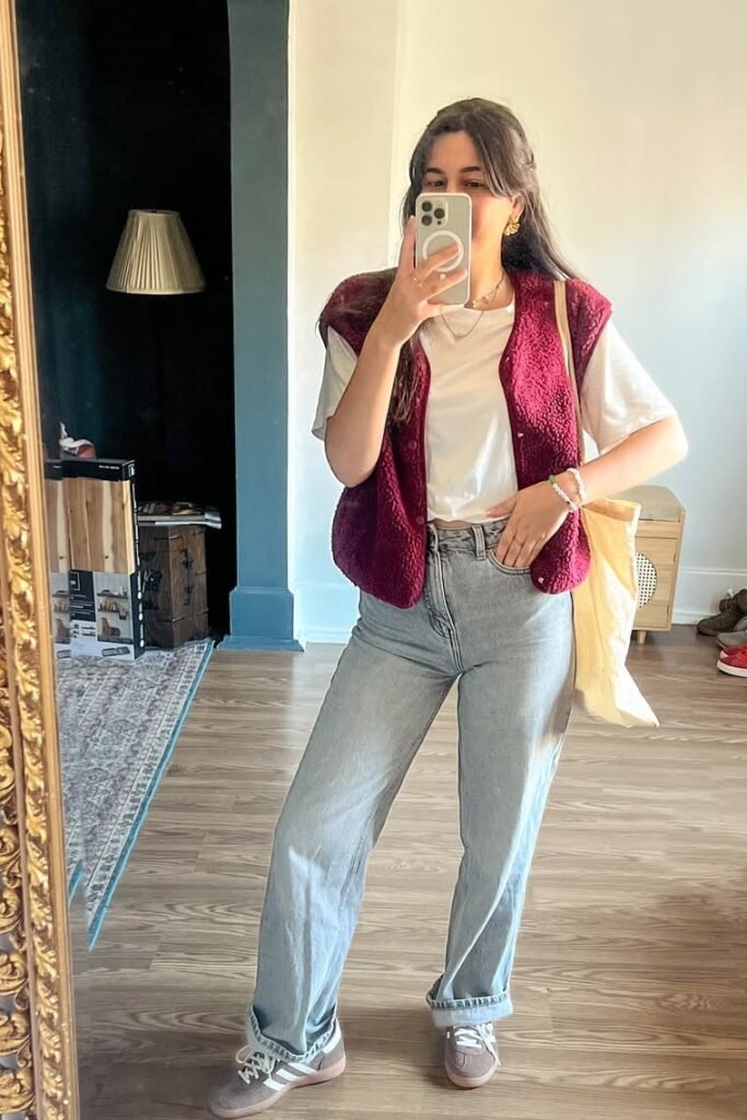 Burgundy Fleece Vest + White T-Shirt + Light Grey Straight Jeans + Grey Sneakers