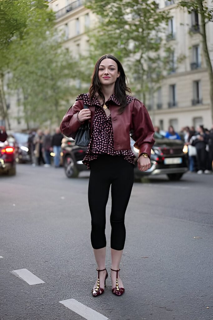 Burgundy Leather Bomber Jacket + Polka Dot Blouse + Black Capri Leggings + Burgundy T-Strap Heels