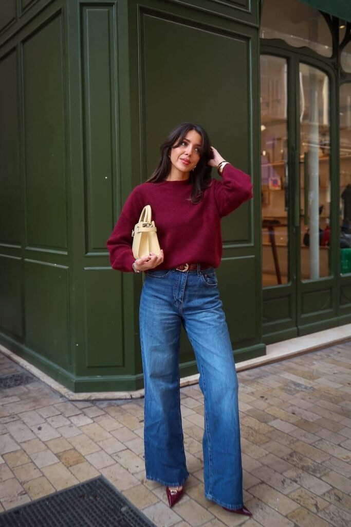 Burgundy Oversized Sweater + Blue Wide-Leg Jeans + Burgundy Pointed Heels