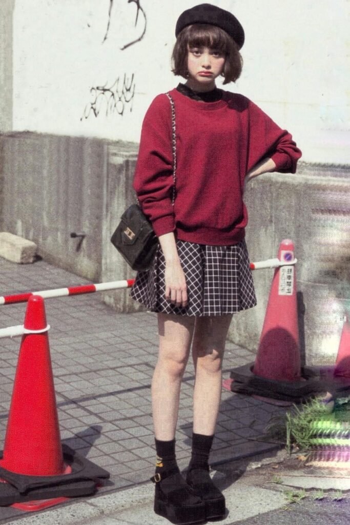 Burgundy Oversized Sweater + Plaid Mini Skirt + Black Platform Shoes