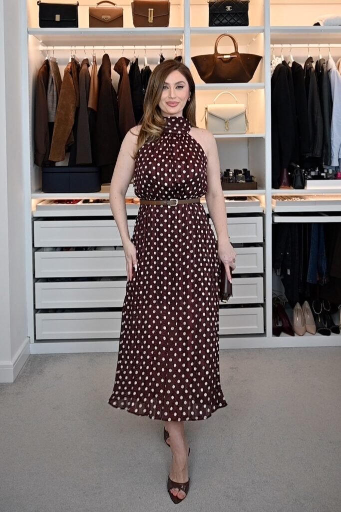 Burgundy Polka Dot Pleated Midi Dress + Thin Brown Belt + Dark Brown Open-Toe Heels