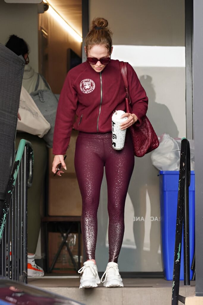 Burgundy Quarter-Zip Fleece + Glitter Burgundy Leggings + Chunky White Sneakers