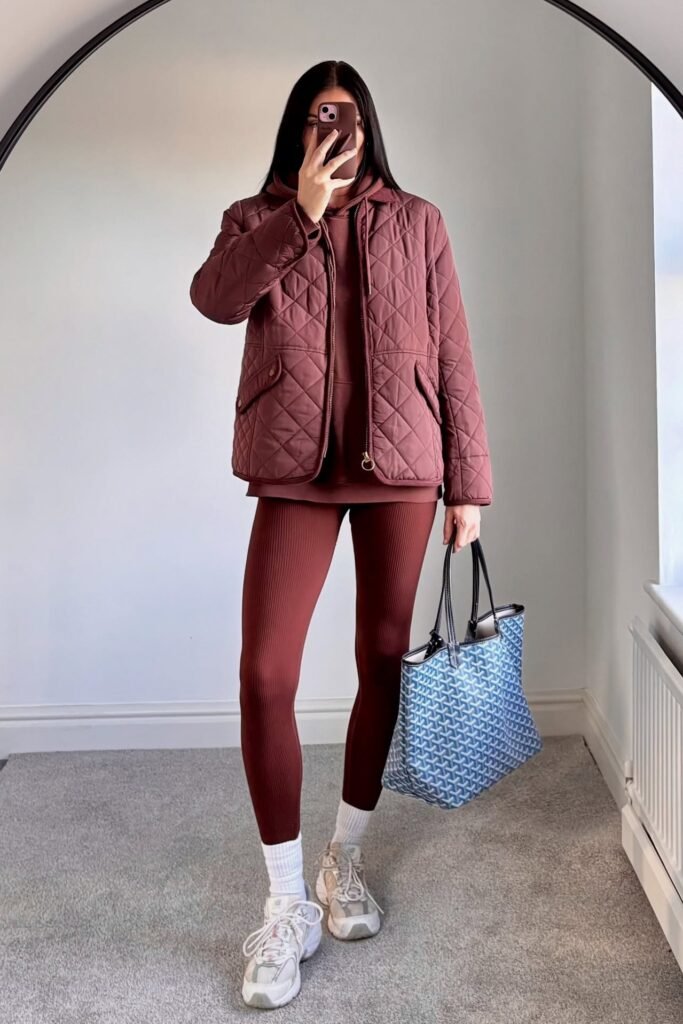 Sage Green Sherpa Jacket + Black Knit Top + Black Ribbed Leggings + White Socks + Beige Sneakers