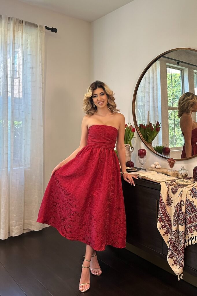 Burgundy Strapless Jacquard Midi Dress + Gold Strappy Heels + Gold Drop Earrings