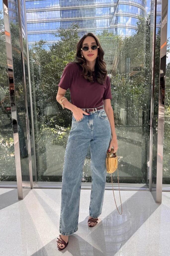 Burgundy T-Shirt + Light Blue High-Waisted Jeans + Brown Strappy Sandals M,