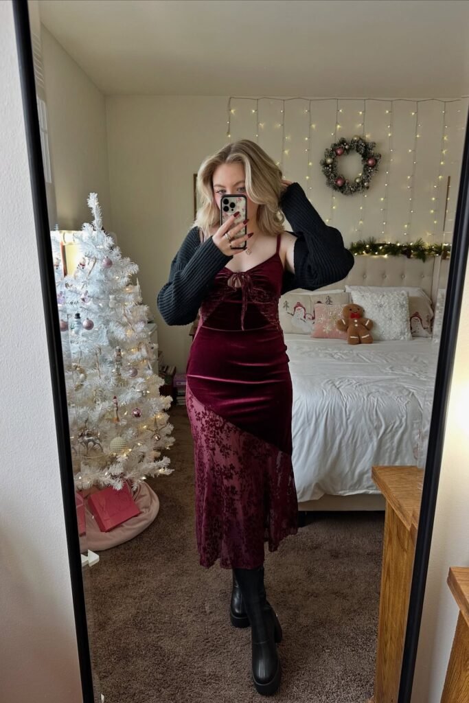Burgundy Velvet and Lace Midi Dress + Black Cropped Bolero Cardigan + Black Platform Boots