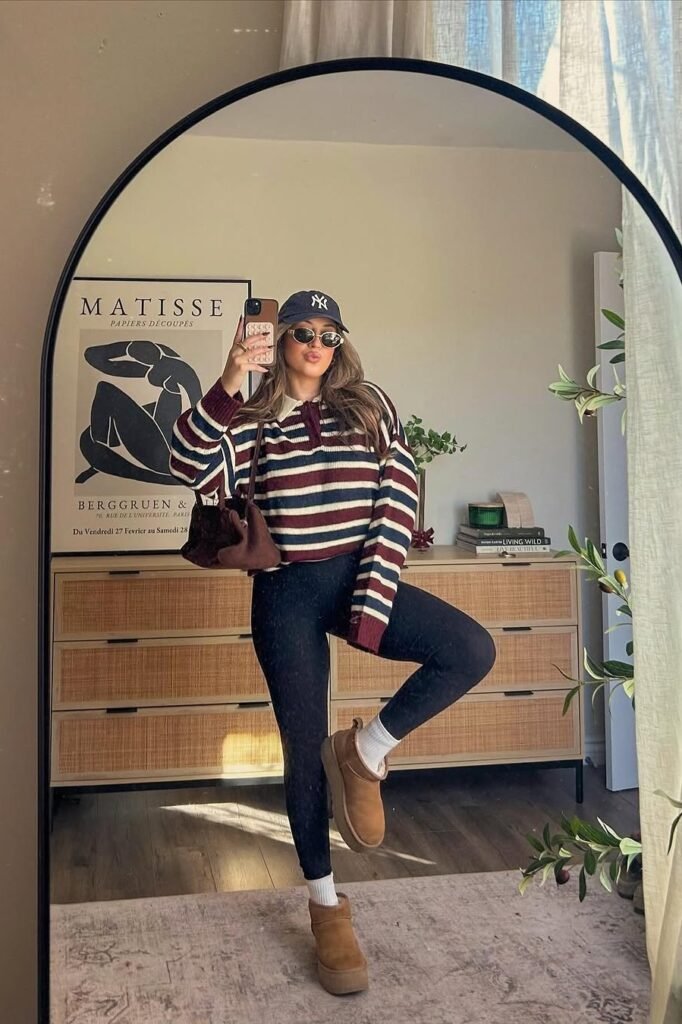 Burgundy and Navy Striped Quarter-Zip Sweater + Black Leggings + Chestnut Mini Platform Boots