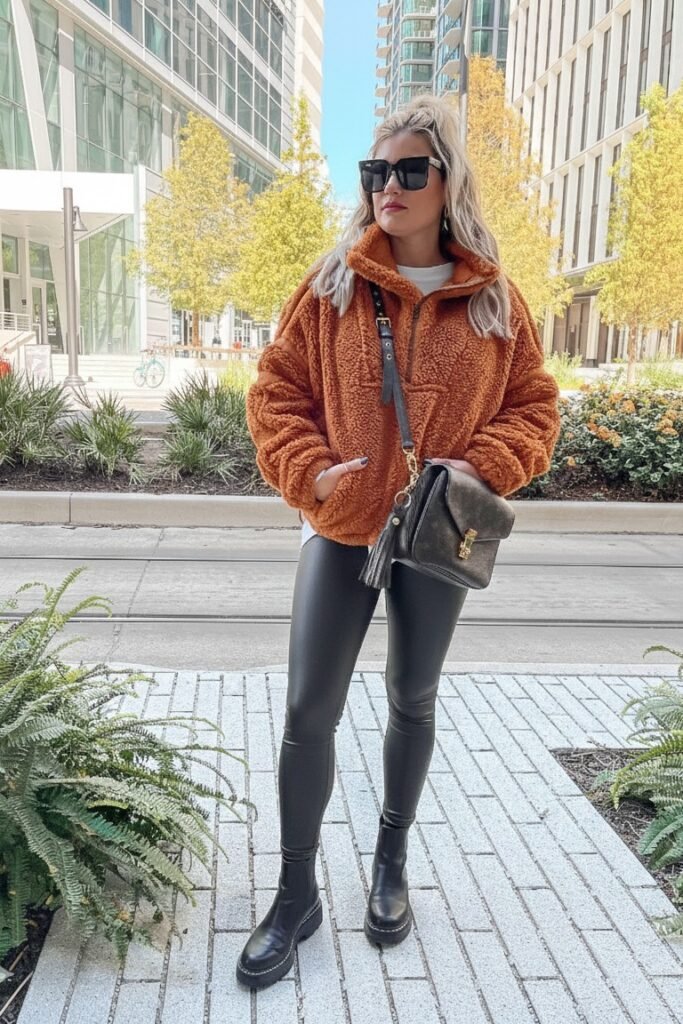 Burnt Orange Teddy Fleece Jacket + Faux Leather Leggings + Black Lug Sole Boots