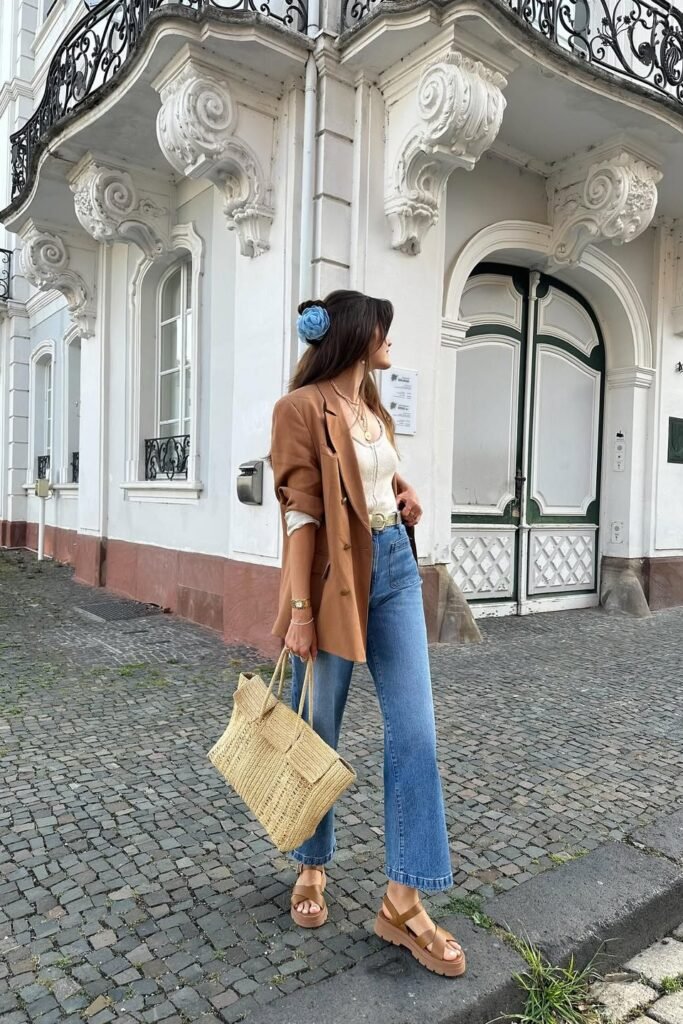 Camel Blazer + White Knit Top + Wide-Leg Jeans + Platform Sandals