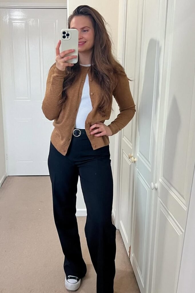 Camel Button-Up Cardigan + White T-Shirt + Black Wide-Leg Trousers + White Platform Sneakers