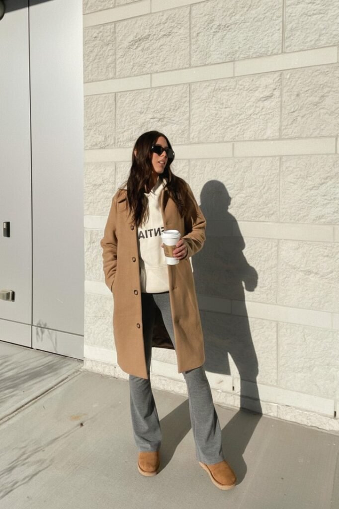 Camel Overcoat + White Hoodie + Grey Flared Leggings + Tan Boots