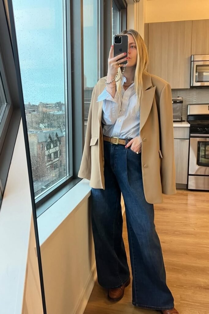 Camel Oversized Blazer + Blue Striped Shirt + Dark Wide-Leg Jeans + Brown Loafers