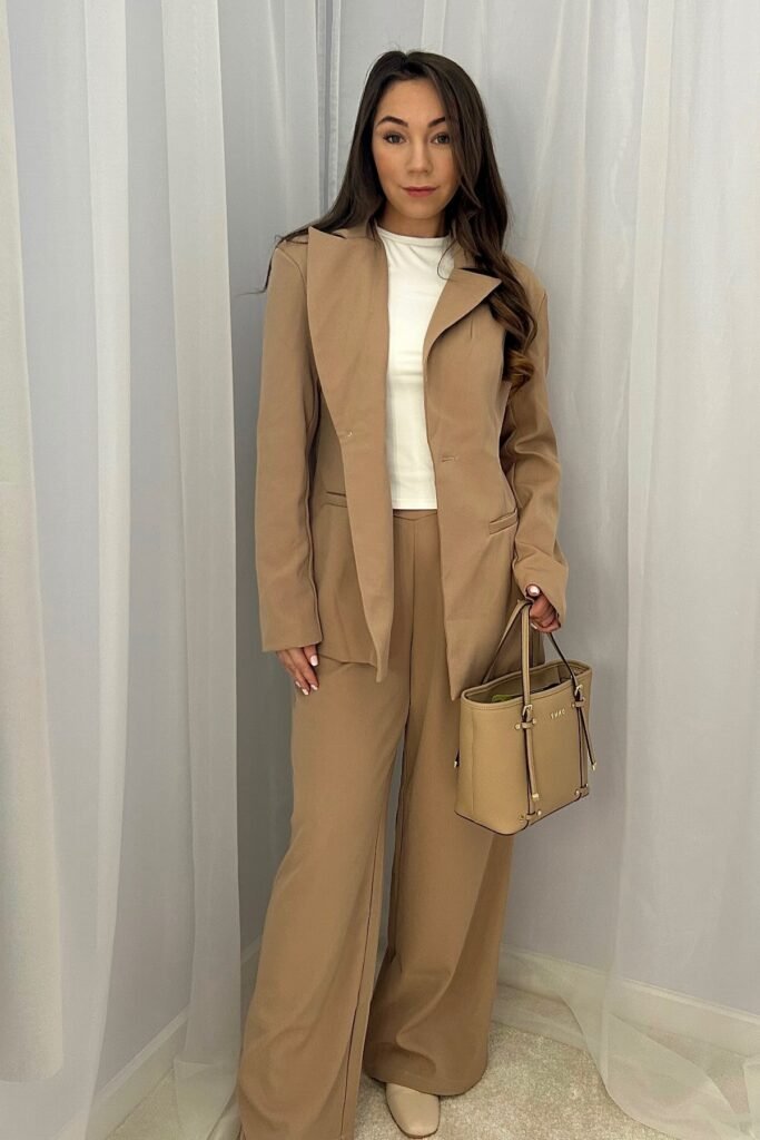 Camel Oversized Blazer + Camel Wide-Leg Trousers + White T-Shirt + Tan Tote Bag