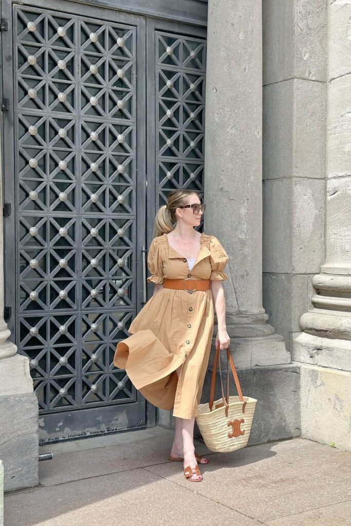 Camel Puff-Sleeve Midi Dress + Brown Waist Belt + Tan Leather Sandals