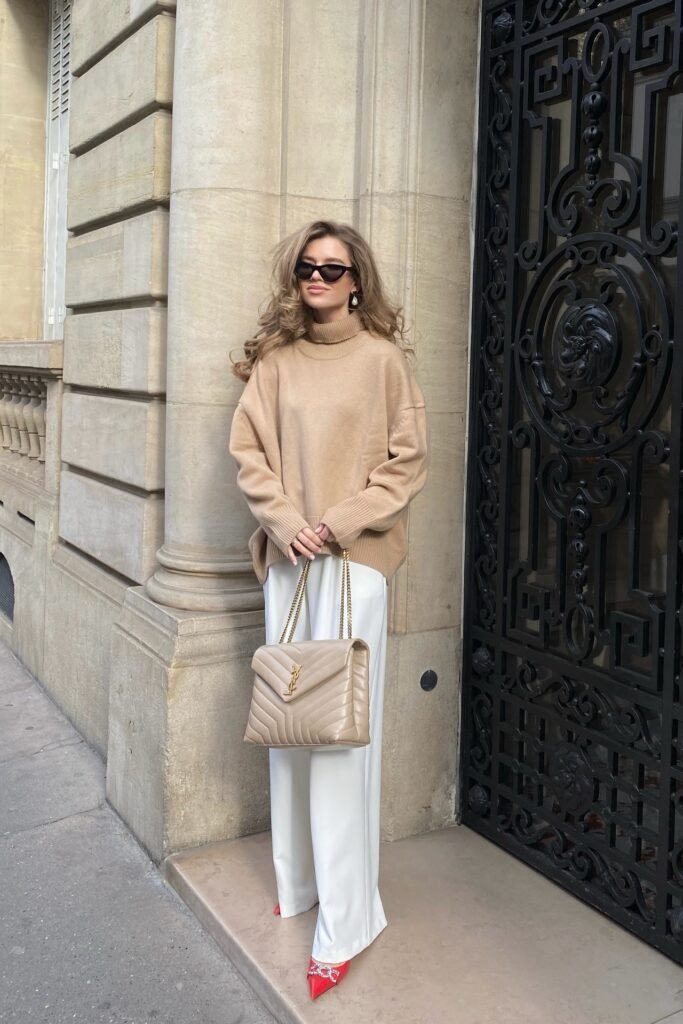 Camel Turtleneck Sweater + White Wide-leg Trousers + Red Pointed-toe Heels