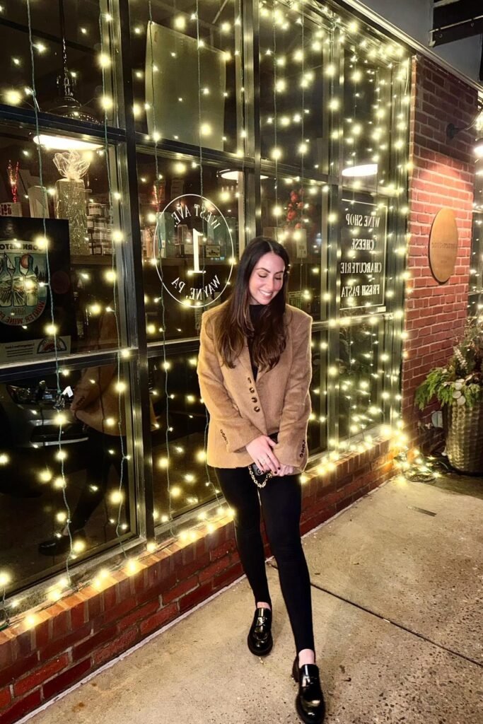 Camel Wool Blazer + Black Leggings + Black Patent Leather Loafers