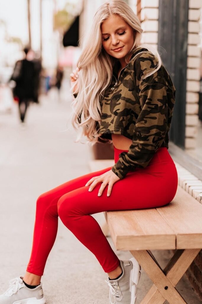 Camo Print Cropped Hoodie + Red Leggings + Grey Sneakers