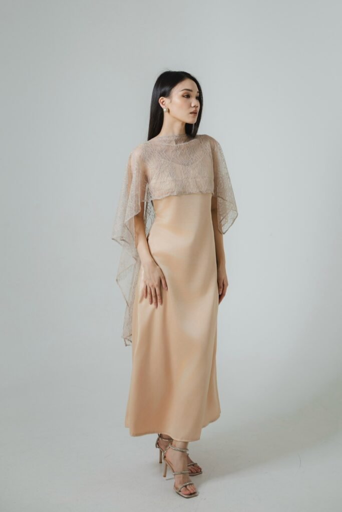  Champagne Satin Maxi Dress + Sheer Lace Capelet + Silver Strappy Heels