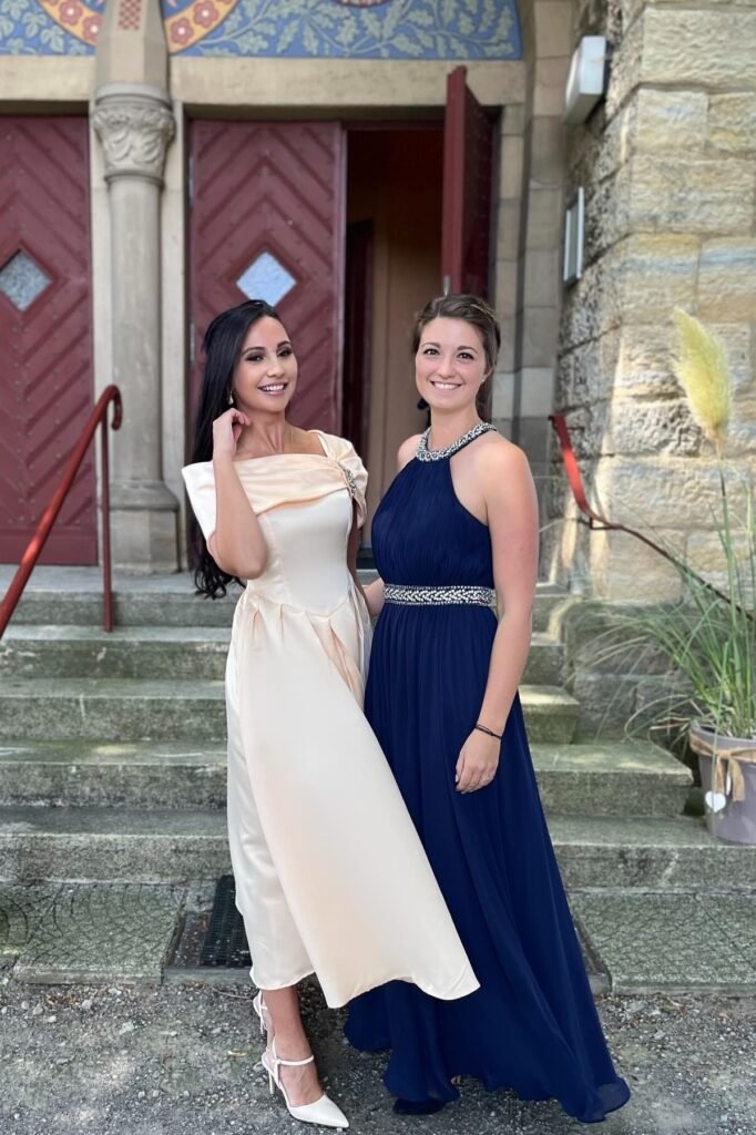 Champagne Satin Midi Dress + White Pointed Heels (Left) & Navy Halter Gown with Embellished Waist + Navy Shoes (Right)