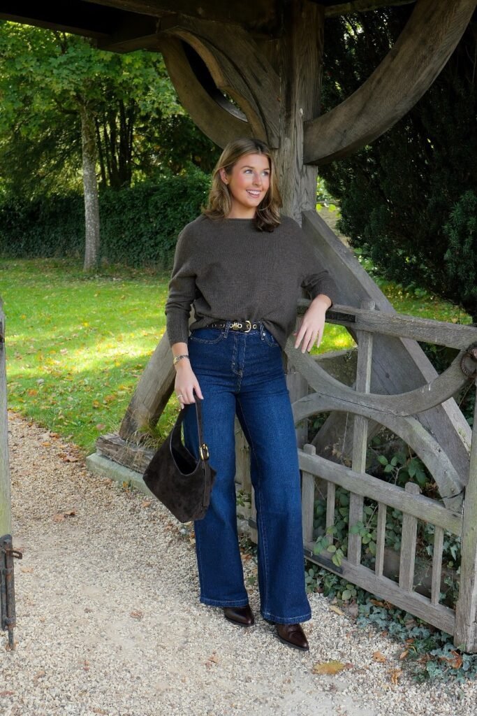 Charcoal Crewneck Sweater + Dark-Wash Wide-Leg Jeans + Brown Pointed-Toe Boots