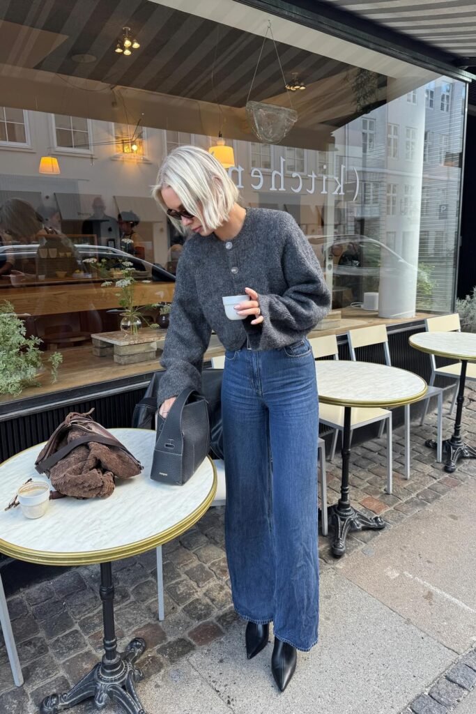Charcoal Cropped Knit Sweater + Medium Wash Wide-Leg Jeans + Black Pointed Boots