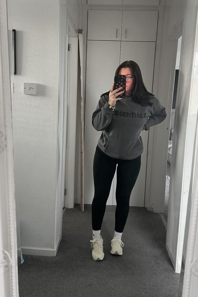 Charcoal Grey "Essentials" Hoodie + Black Leggings + Off-White Sneakers