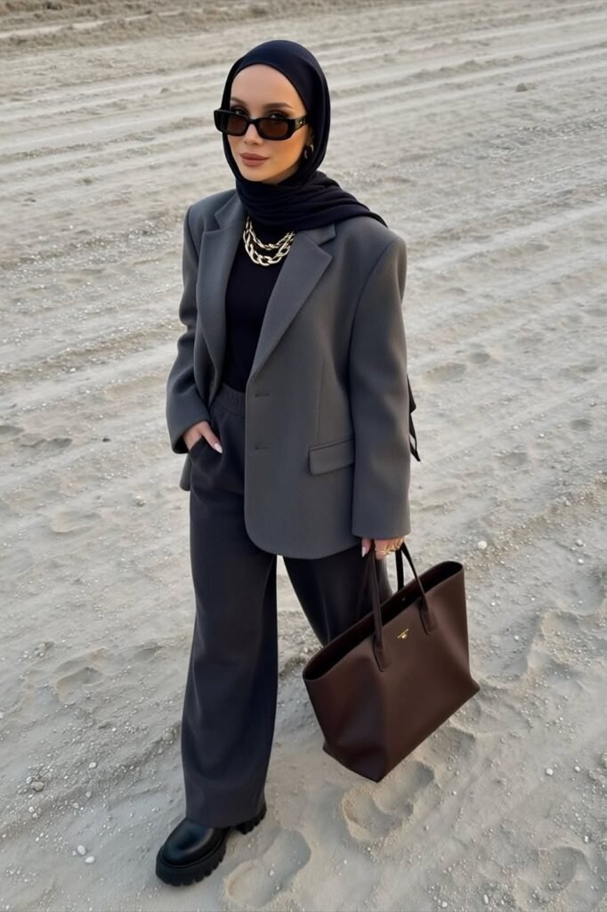 Charcoal Grey Oversized Blazer + Matching Trousers + Black Turtleneck + Black Chunky Boots