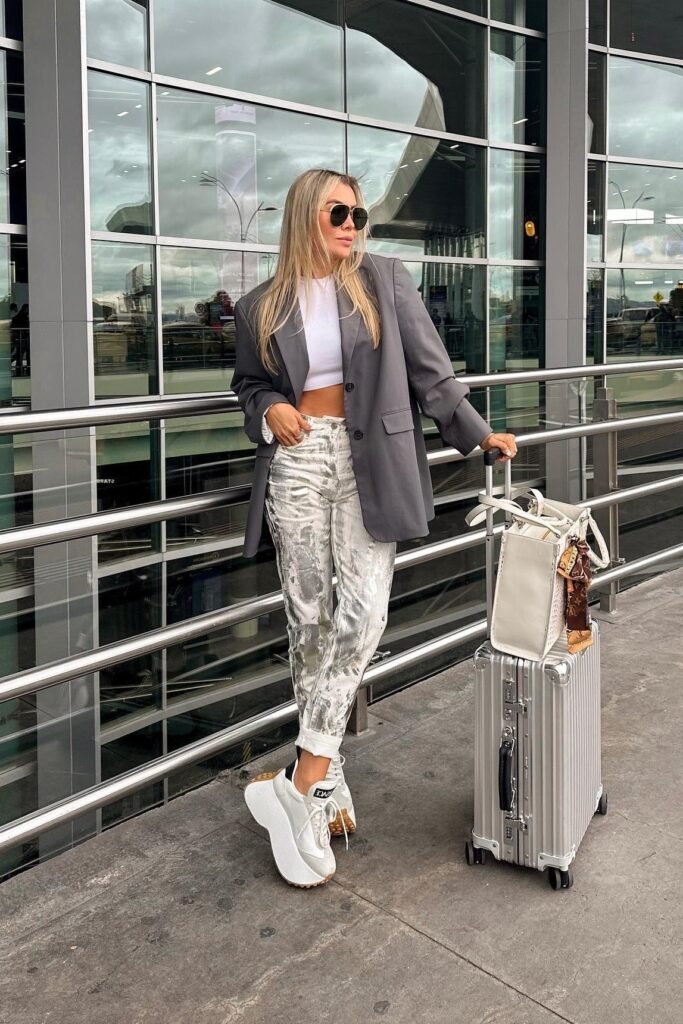 Charcoal Grey Oversized Blazer + White Crop Top + Silver Metallic Jeans + White Platform Sneakers