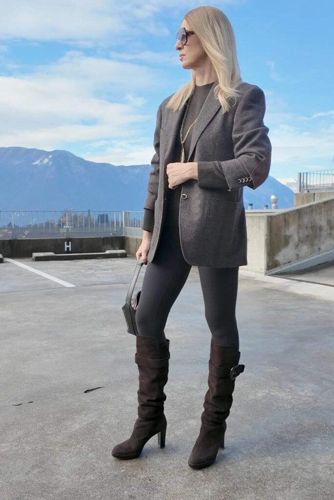 Charcoal Wool Blazer + Brown Mock-neck Top + Dark Grey Leggings + Brown Suede Slouchy Boots