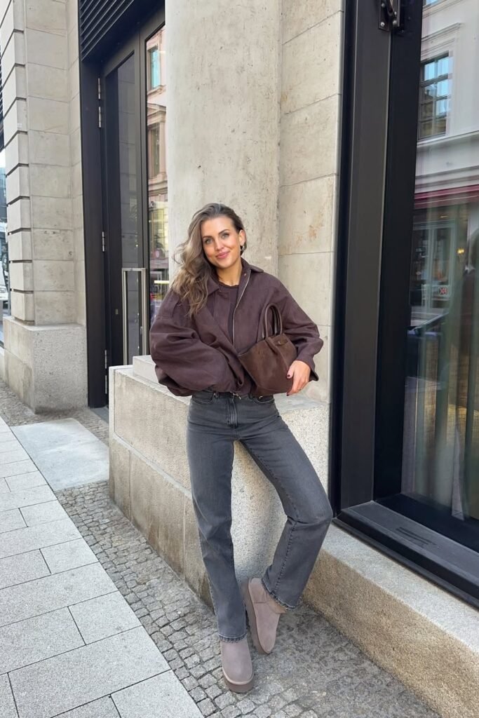Chocolate Brown Bomber Jacket + Charcoal Straight-Leg Jeans + Grey Platform Boots