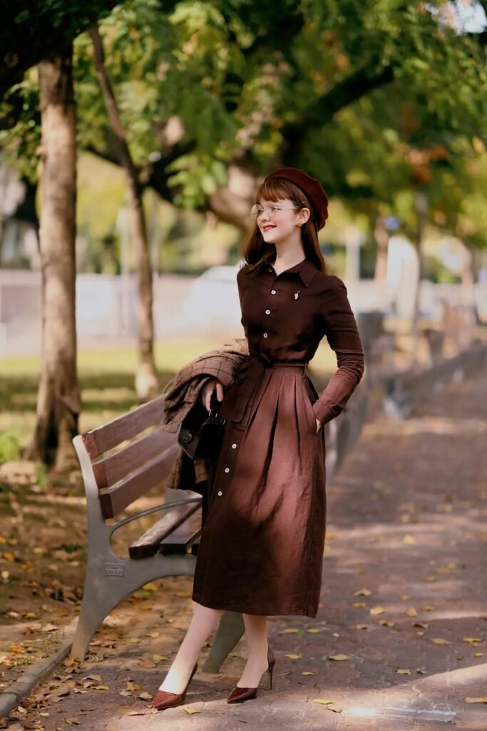 Chocolate Brown Button-Down Midi Dress + Brown Beret + Brown Pointed-Toe Pumps